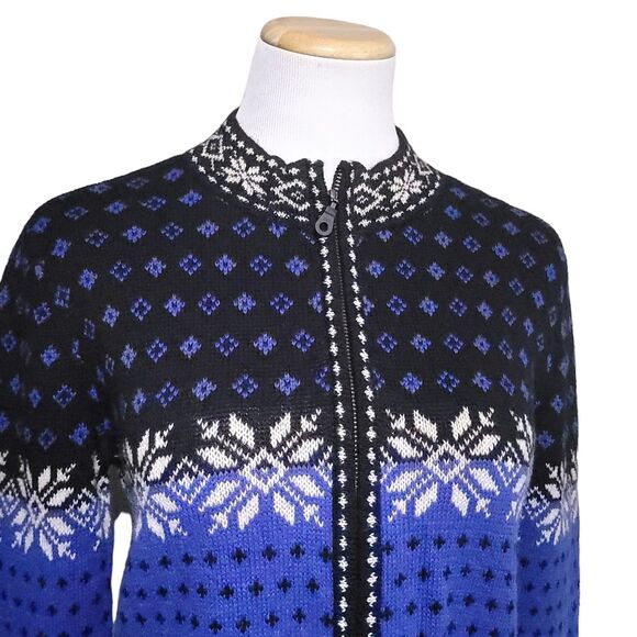NOMADIC TRADERS Blue Fair Isle Snowflake Zip Up Cardigan Womens Medium - Picture 4 of 10